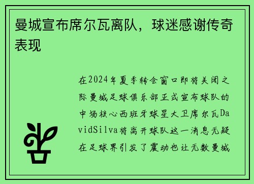 曼城宣布席尔瓦离队，球迷感谢传奇表现